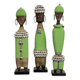 Lot de 3 Poupées Namji, Art Africain en Bois, Perles, Cauris