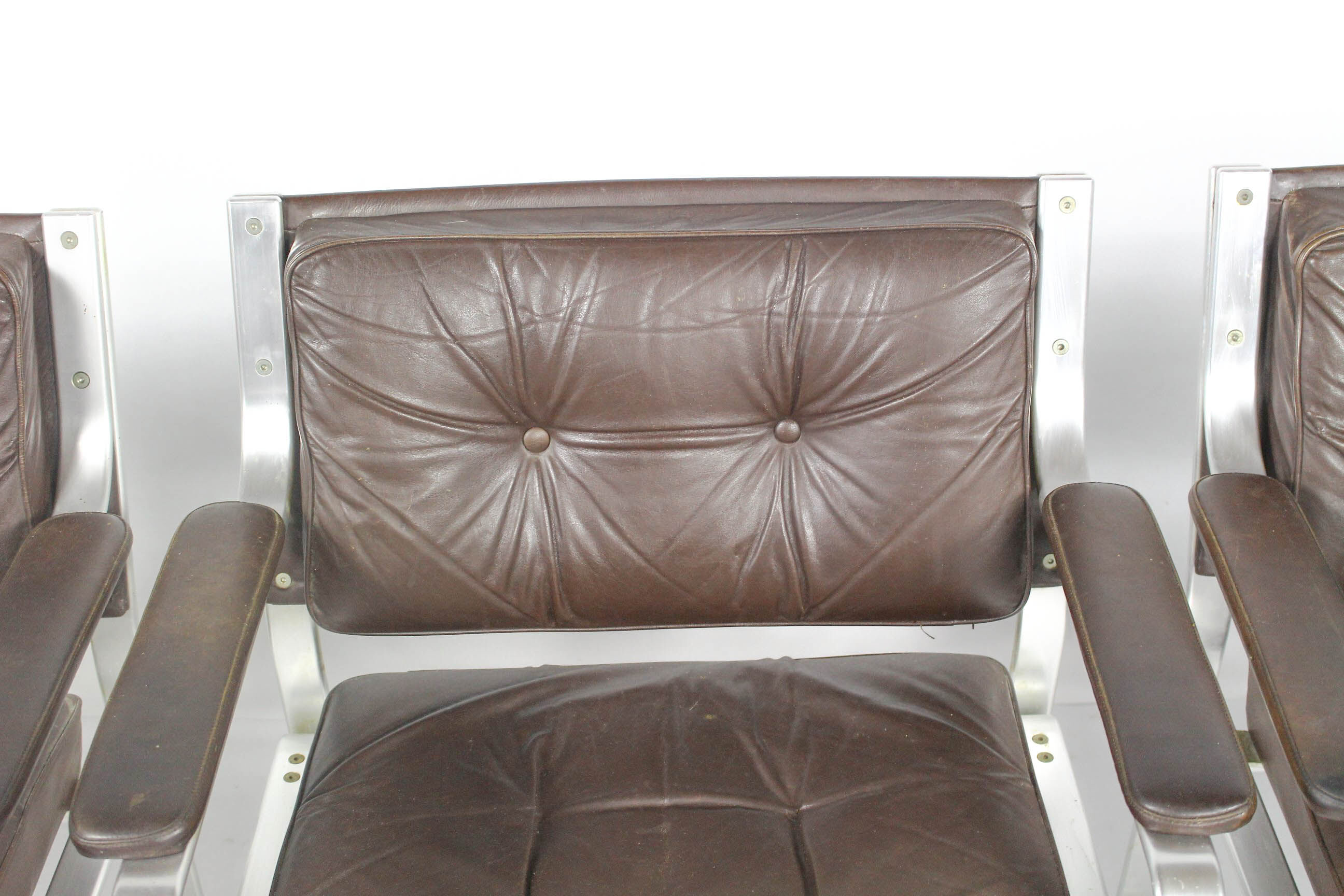 Swedish Mid Century Leather And Aluminum Armchairs By Karl Erik Ekselius For Joc Vetlanda, Set Of 4