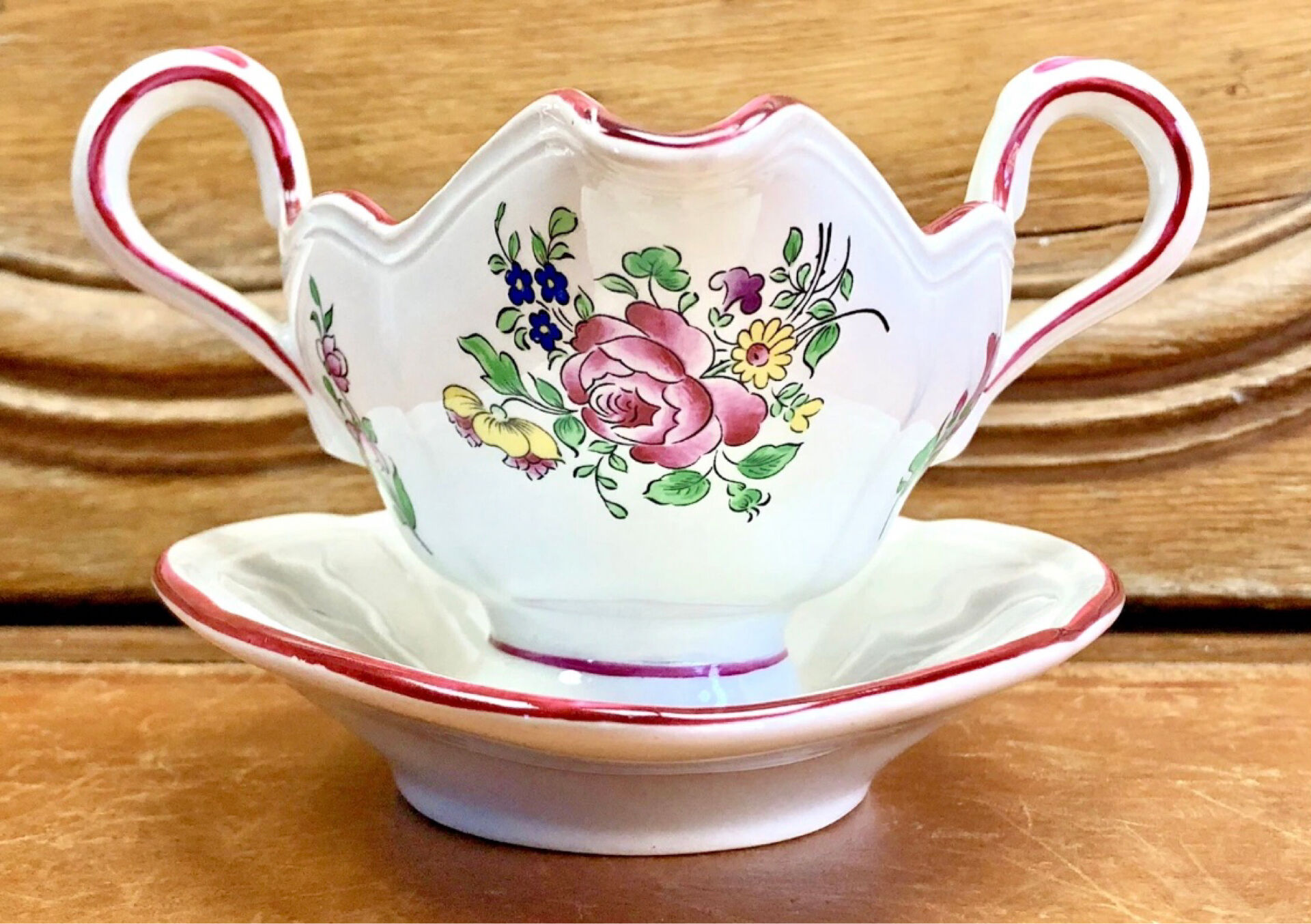 Old sauceboat earthenware Lunéville model lantern pink tulip