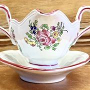 Ancienne saucière faïence Lunéville modèle réverbère rose tulipe