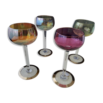 4 glass stemmed glasses in different colors