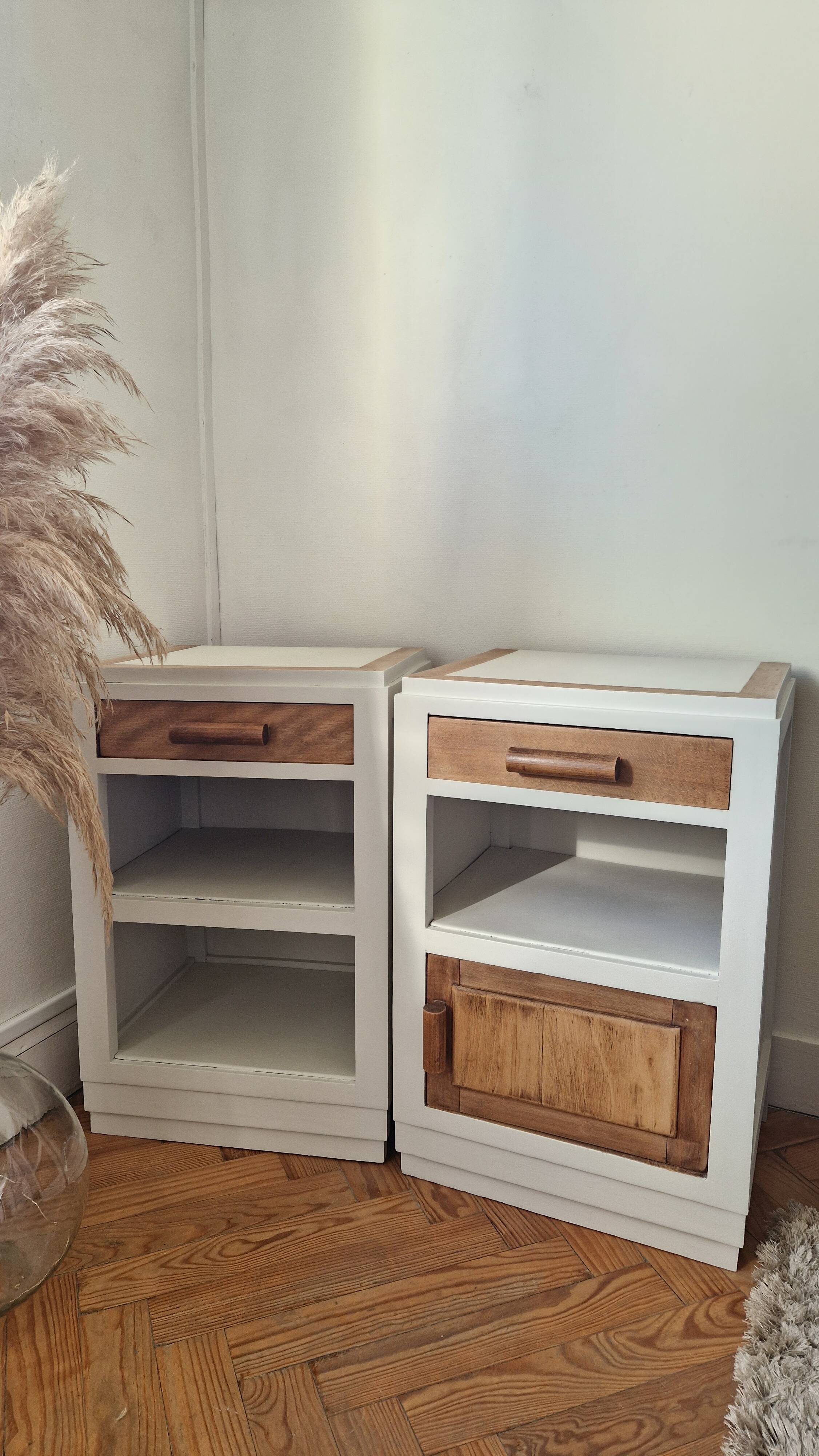 Pair of vintage beech bedside tables