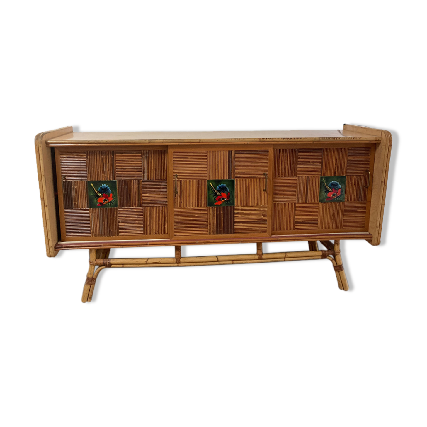 Rattan sideboard and ceramic tiles from vallauris 50s