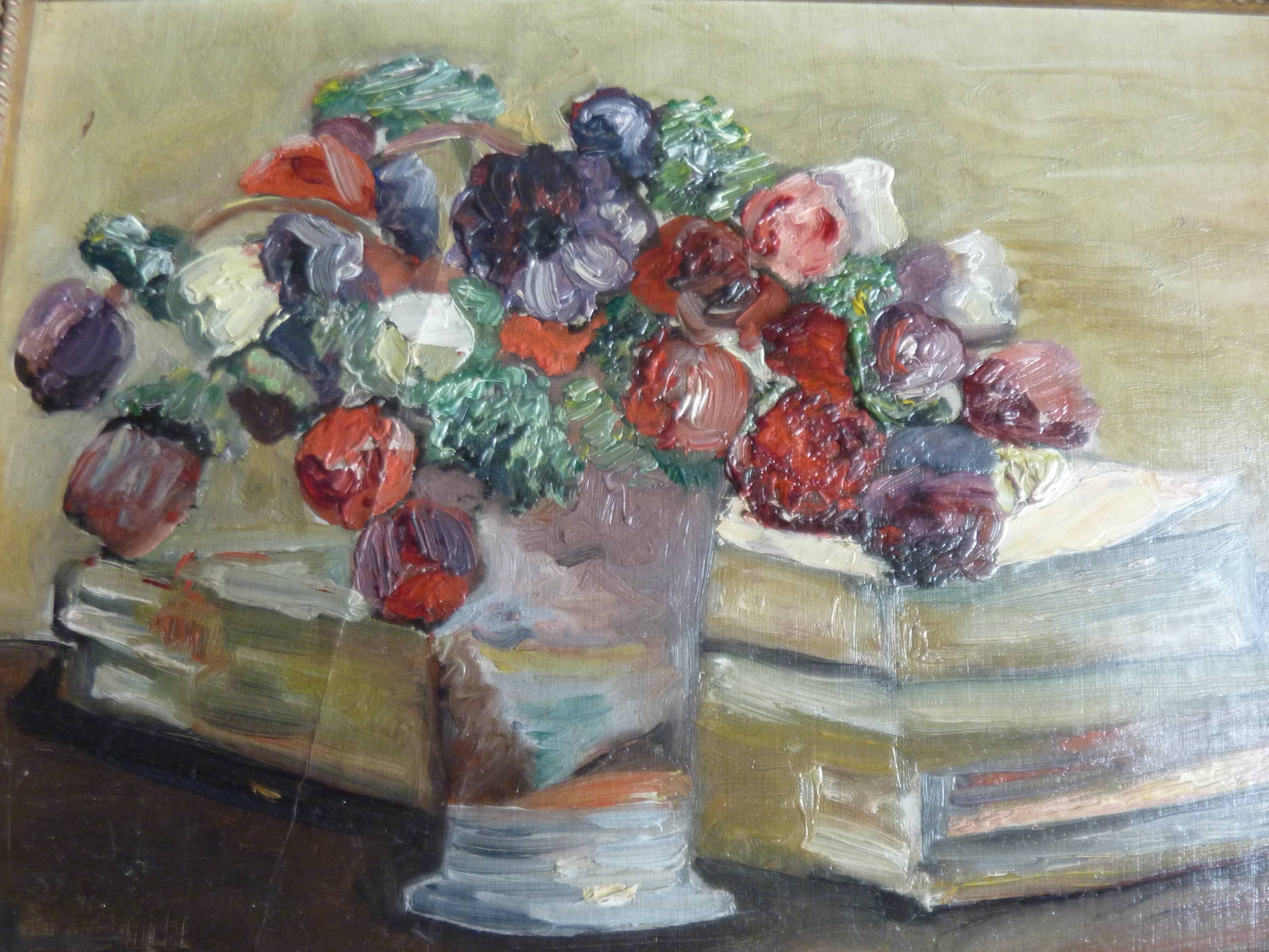 Old painting, oil on panel, bunch of flowers