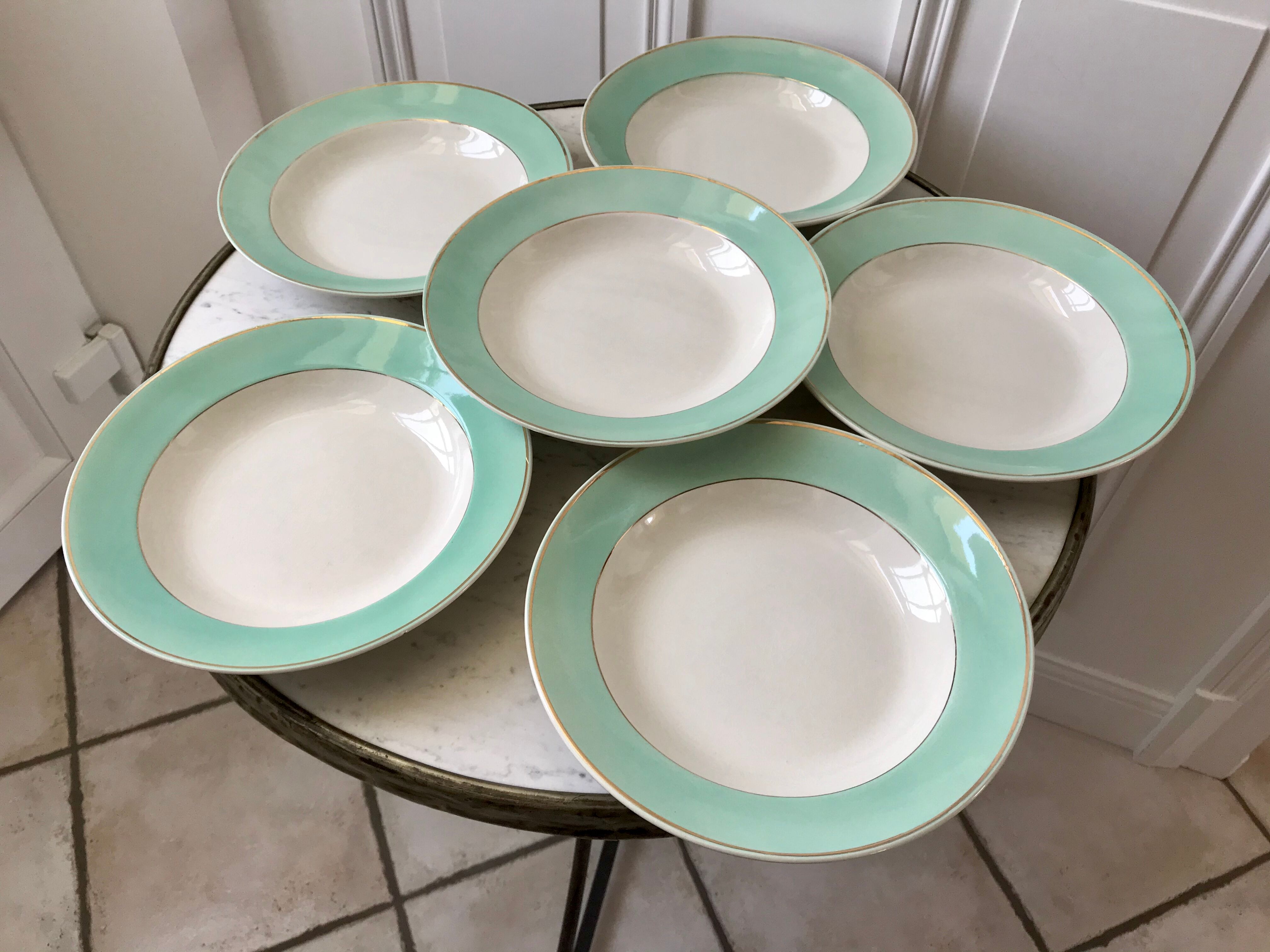 Lot de 6 assiettes creuses Longchamp couleur Céladon années 50