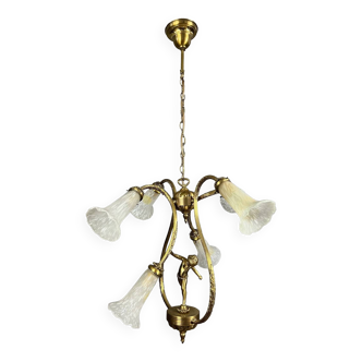 In the style of L'atelier Mathieu, important bronze chandelier with cherub