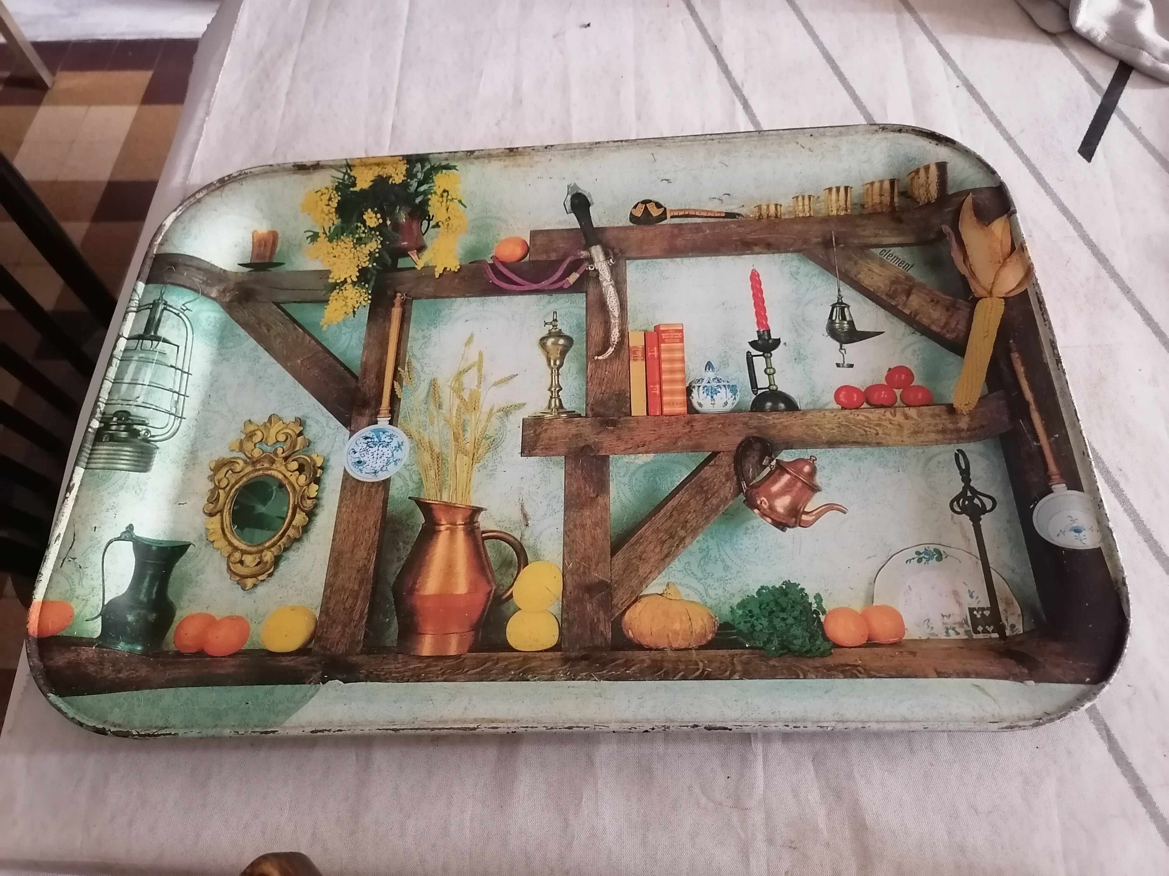 Plate meal sheet metal 1960 signed Clément