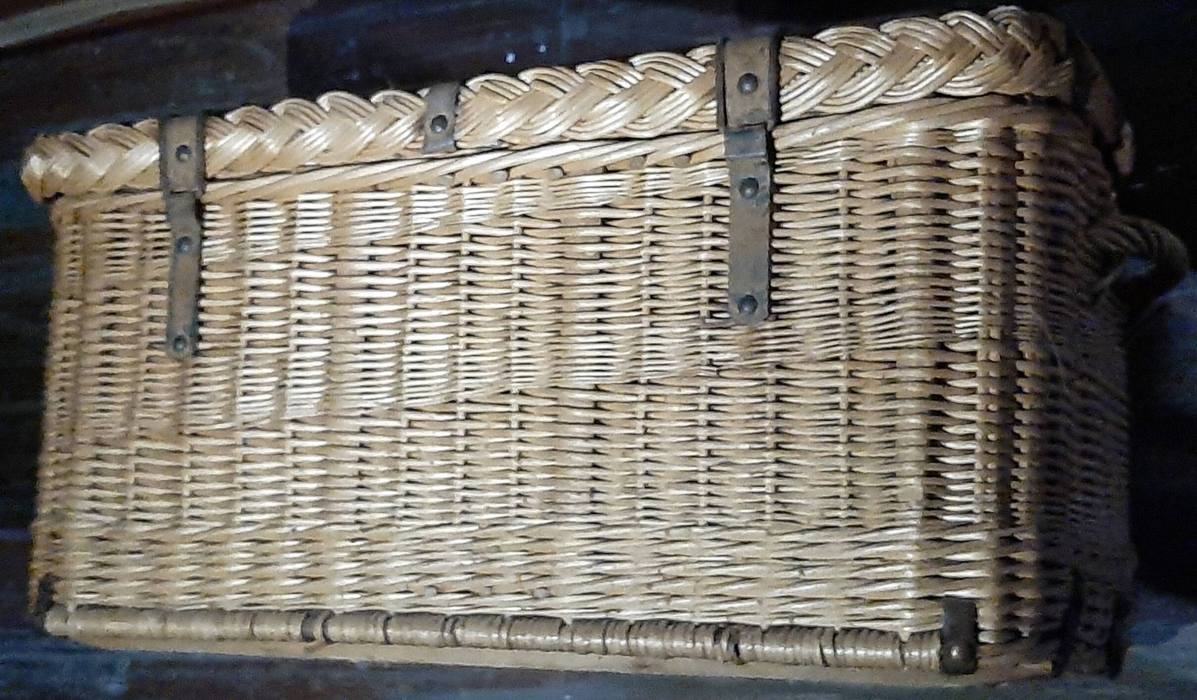 OLD WICKER STEEL AND WOOD TRAVEL TRUNK