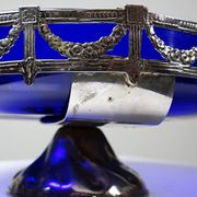 Antique cobalt glass and silver-plated metal bowl, Louis XVI style, circa 1900-1920.