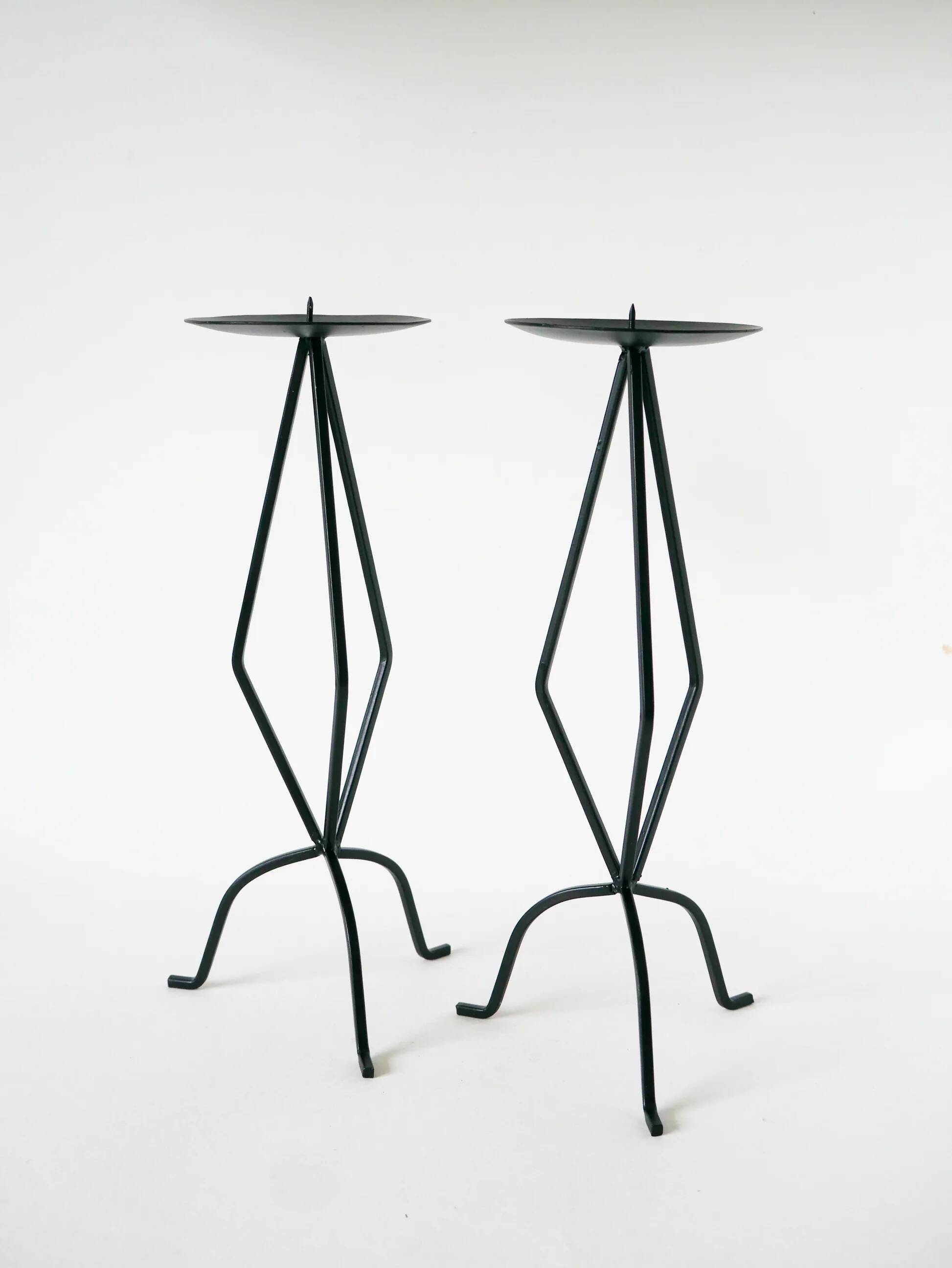 Pair of sculptural wrought iron candle holders, brutalist, 1970.