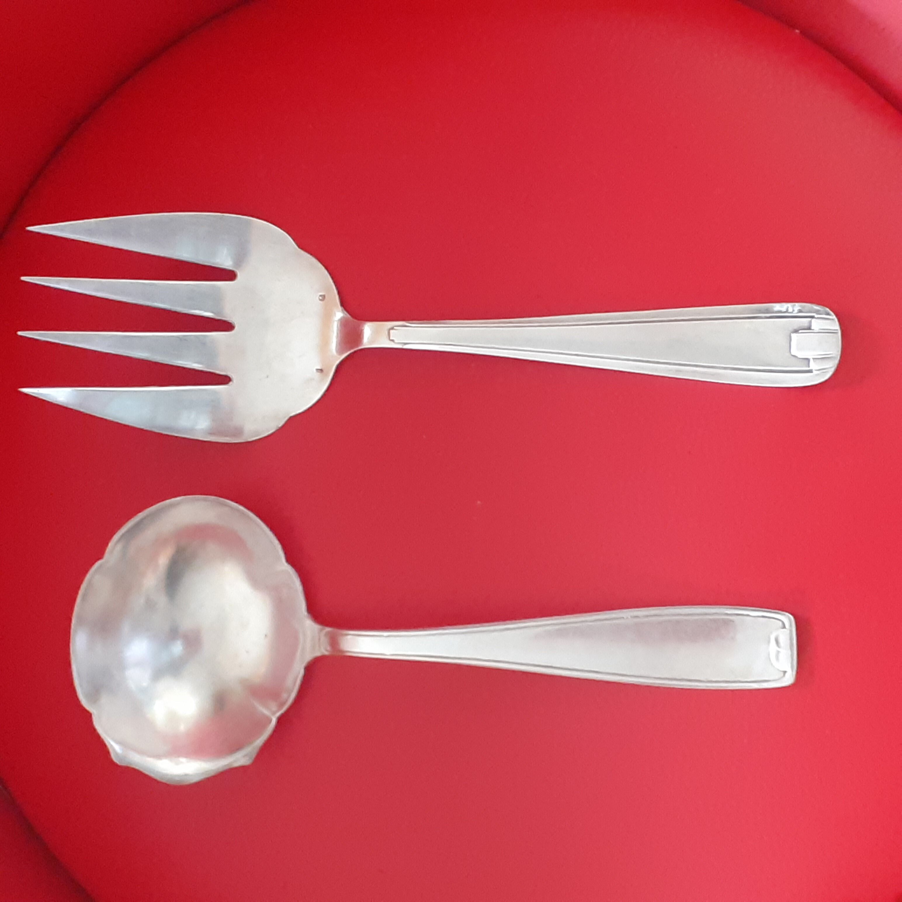 Sauce spoon and wide fork in silver metal, year 50