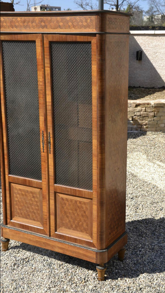 Marquetry and bronze showcase