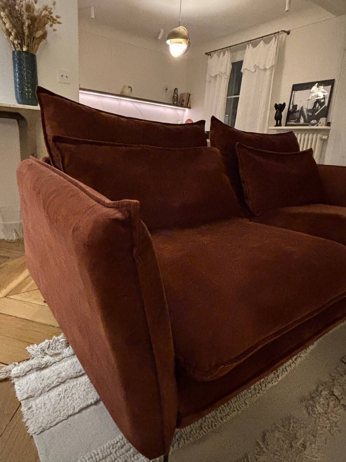 Burgundy velvet sofa