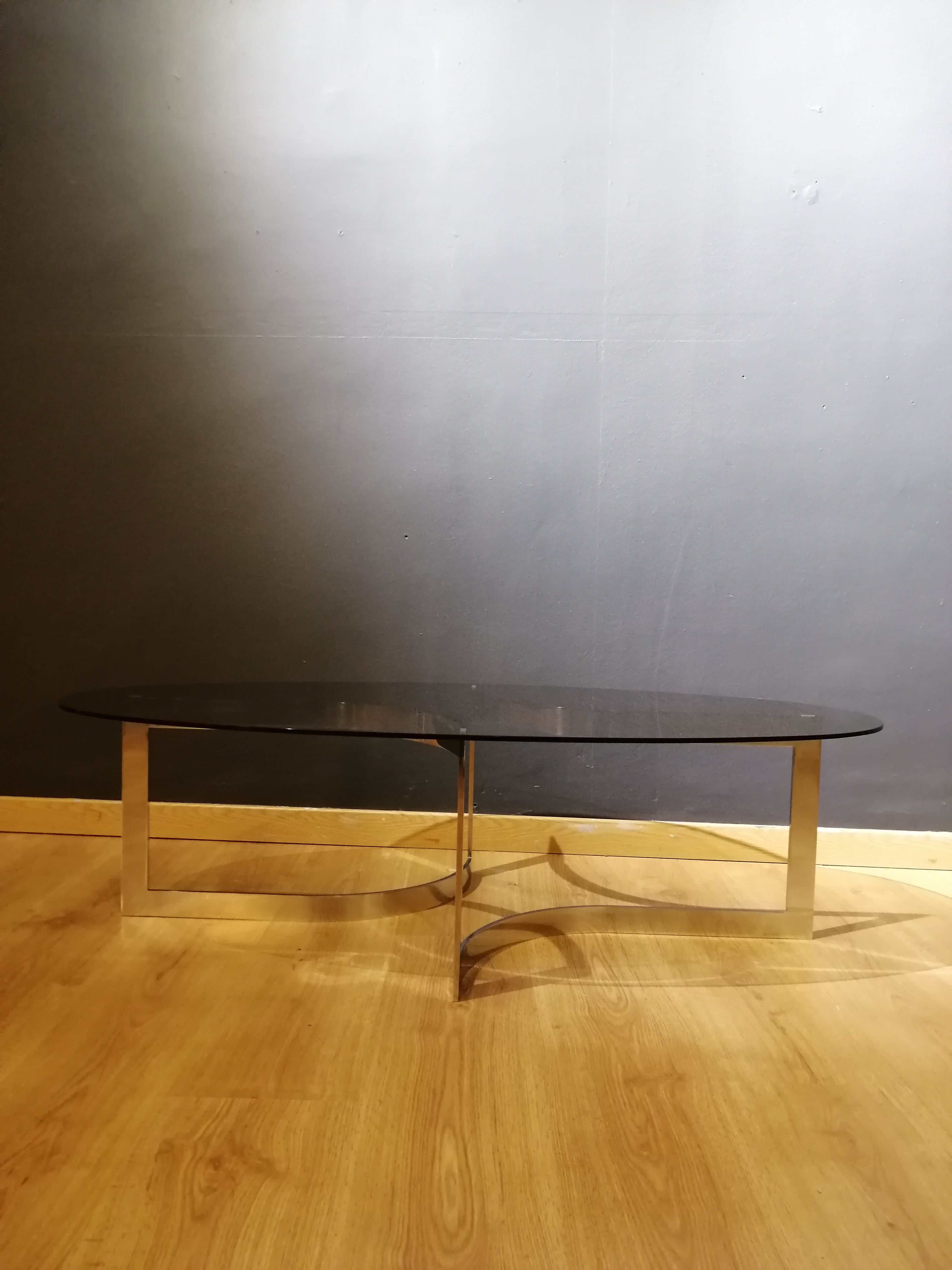 Coffee table in smoked glass and chrome by designer Paul Legeard, 70s