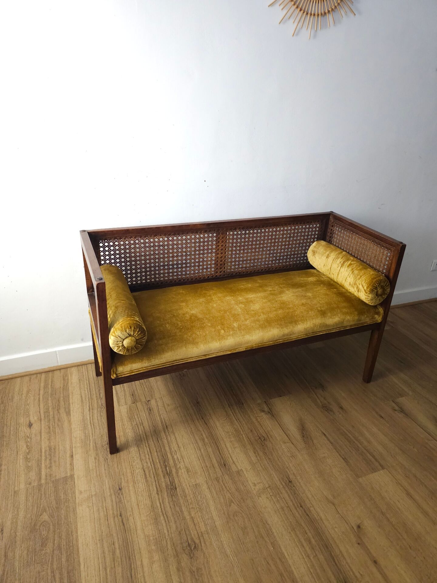 Vintage bench in cane and mustard yellow velvet