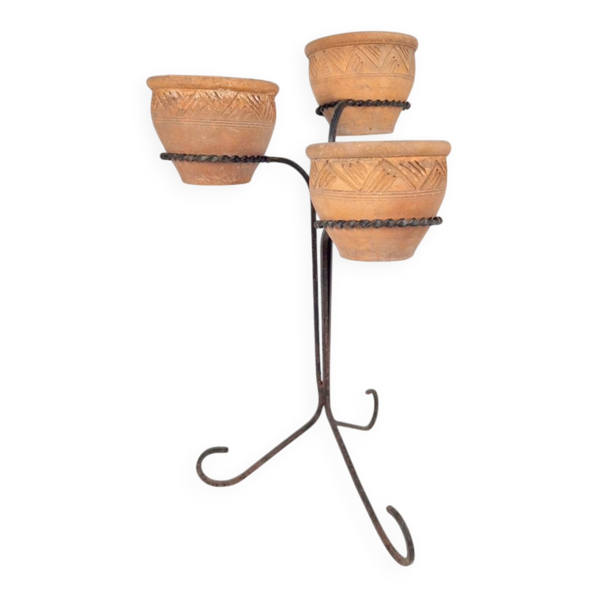 Brutalist Wrought Iron Plant Stand with Handmade Terracotta Pots, 1970s, Set of 4