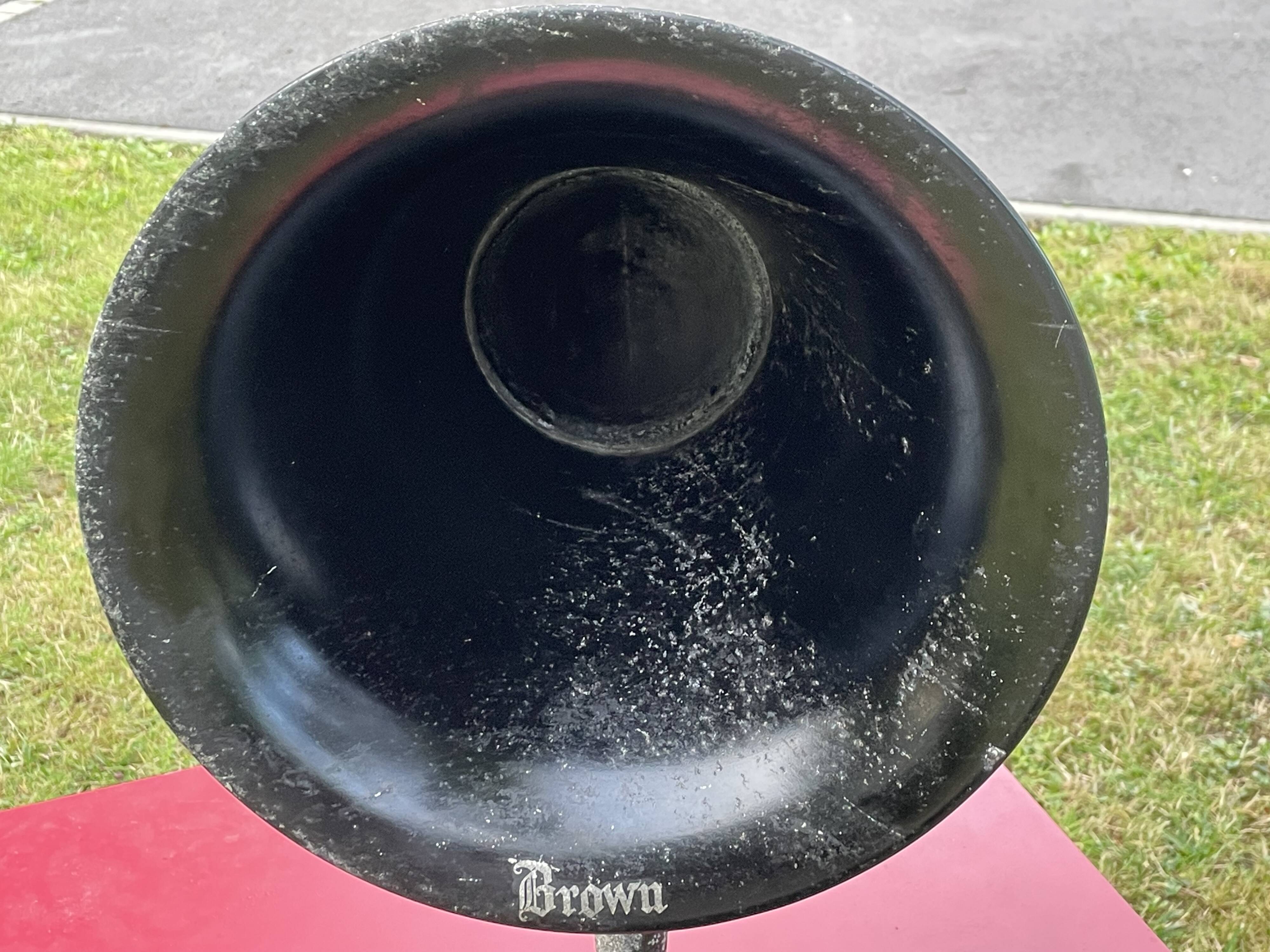 Brown, antique speaker, aluminum horn and wood, gooseneck