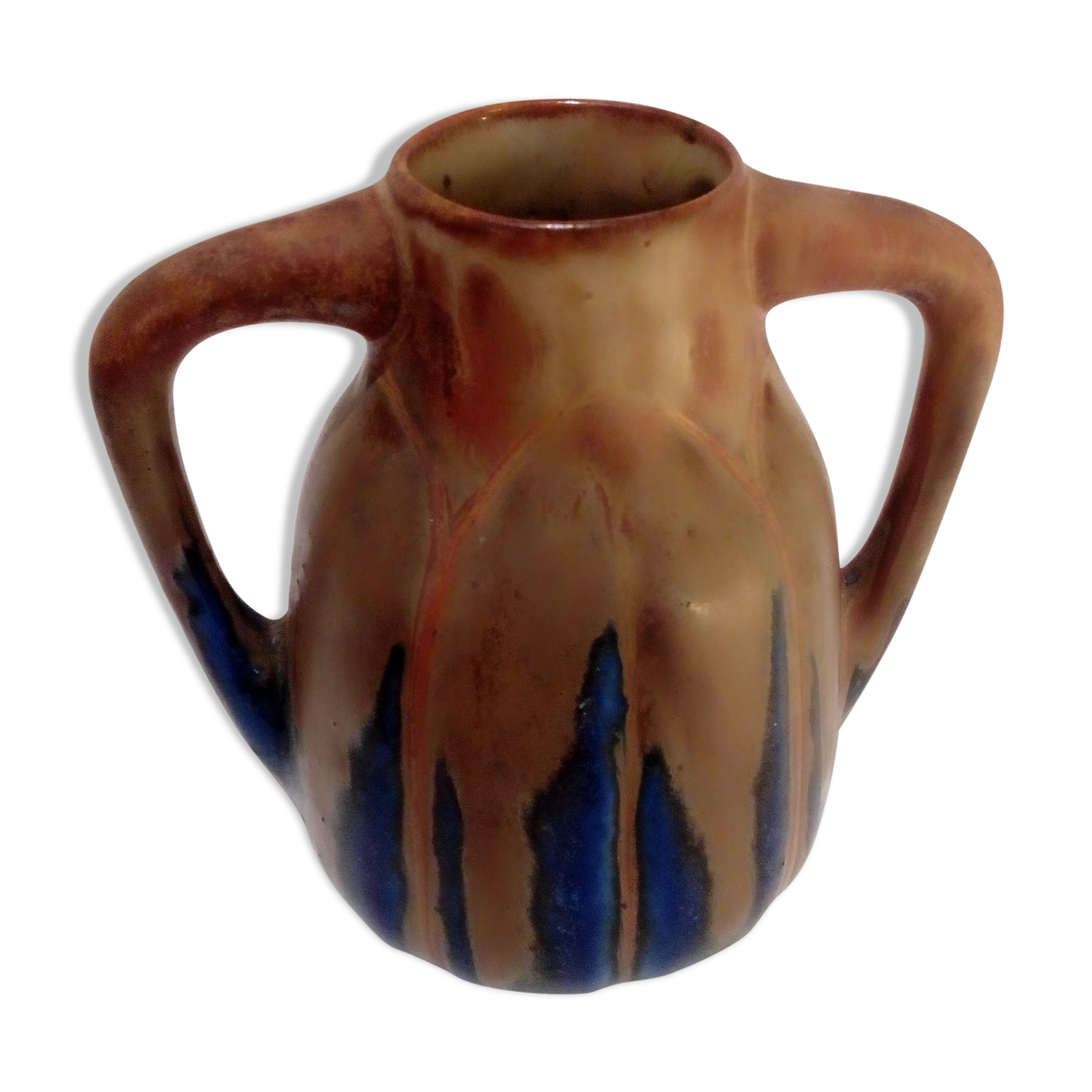 Blue enamelled flamed sandstone vase by Méténier
