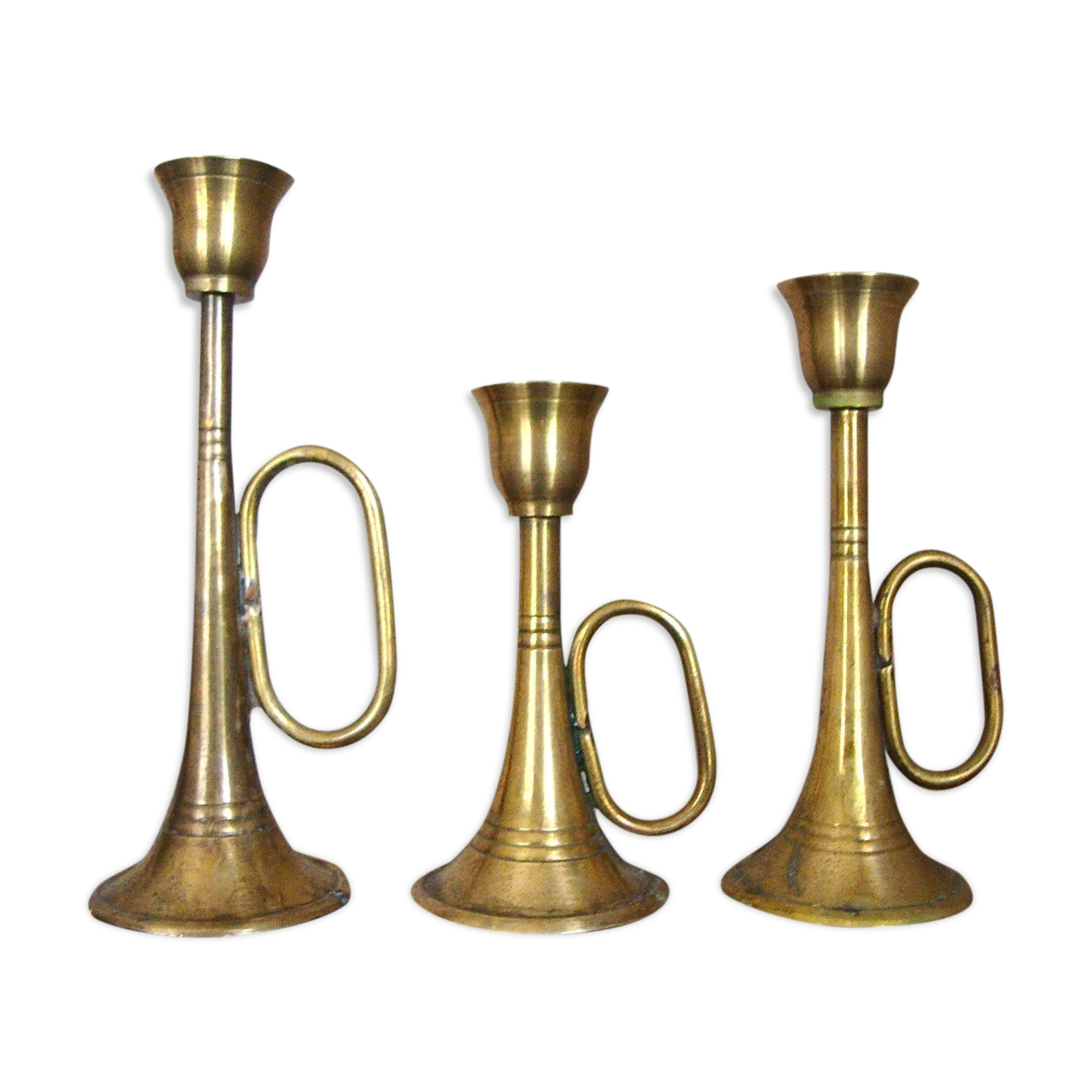 3 brass trumpet candlesticks