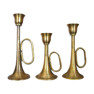 3 brass trumpet candlesticks