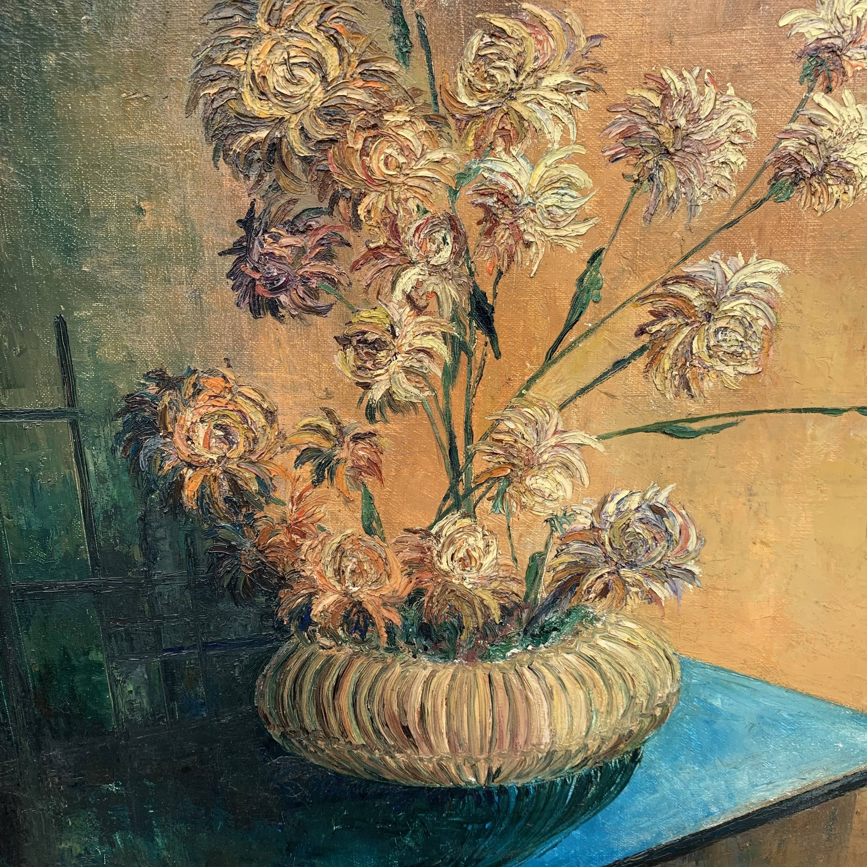 Oil on canvas still life with chrysanthemums