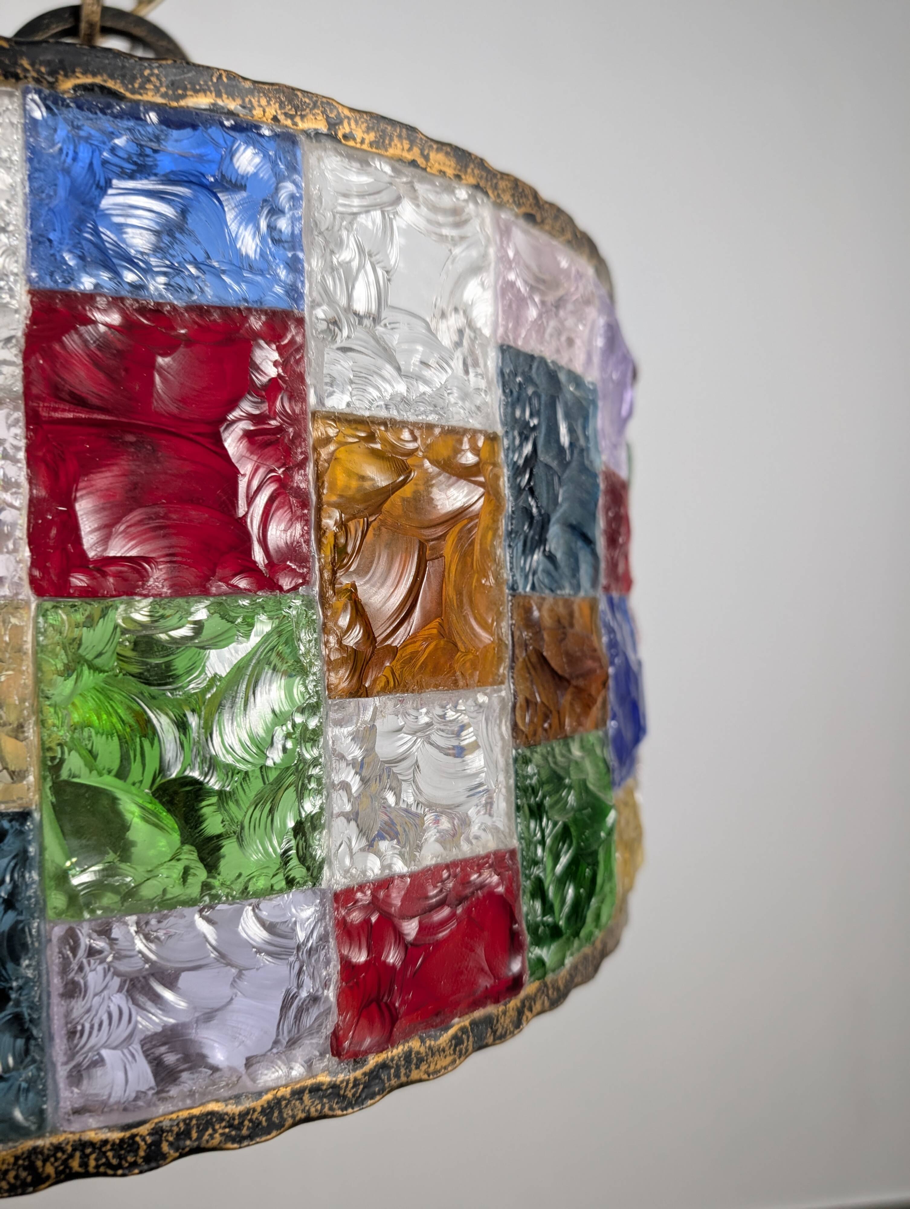 Large Italian Multi-Colored Hammered Crystal and Wrought Iron Chandelier