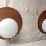 Designer wall lights in wood and opaline globe - mid-20th century