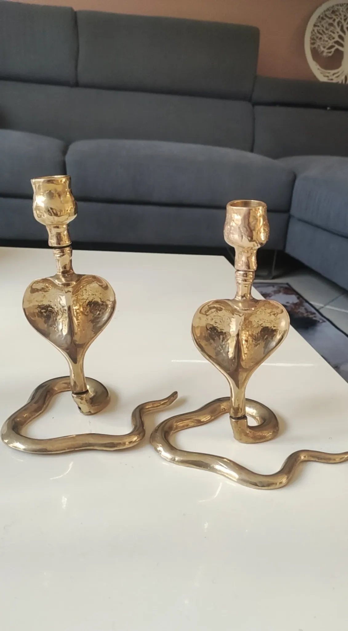 Pair of Antique Zoomorphic Cobra Candle Holders. In brass. India.