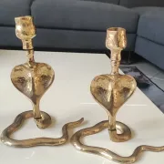 Pair of Antique Zoomorphic Cobra Candle Holders. In brass. India.