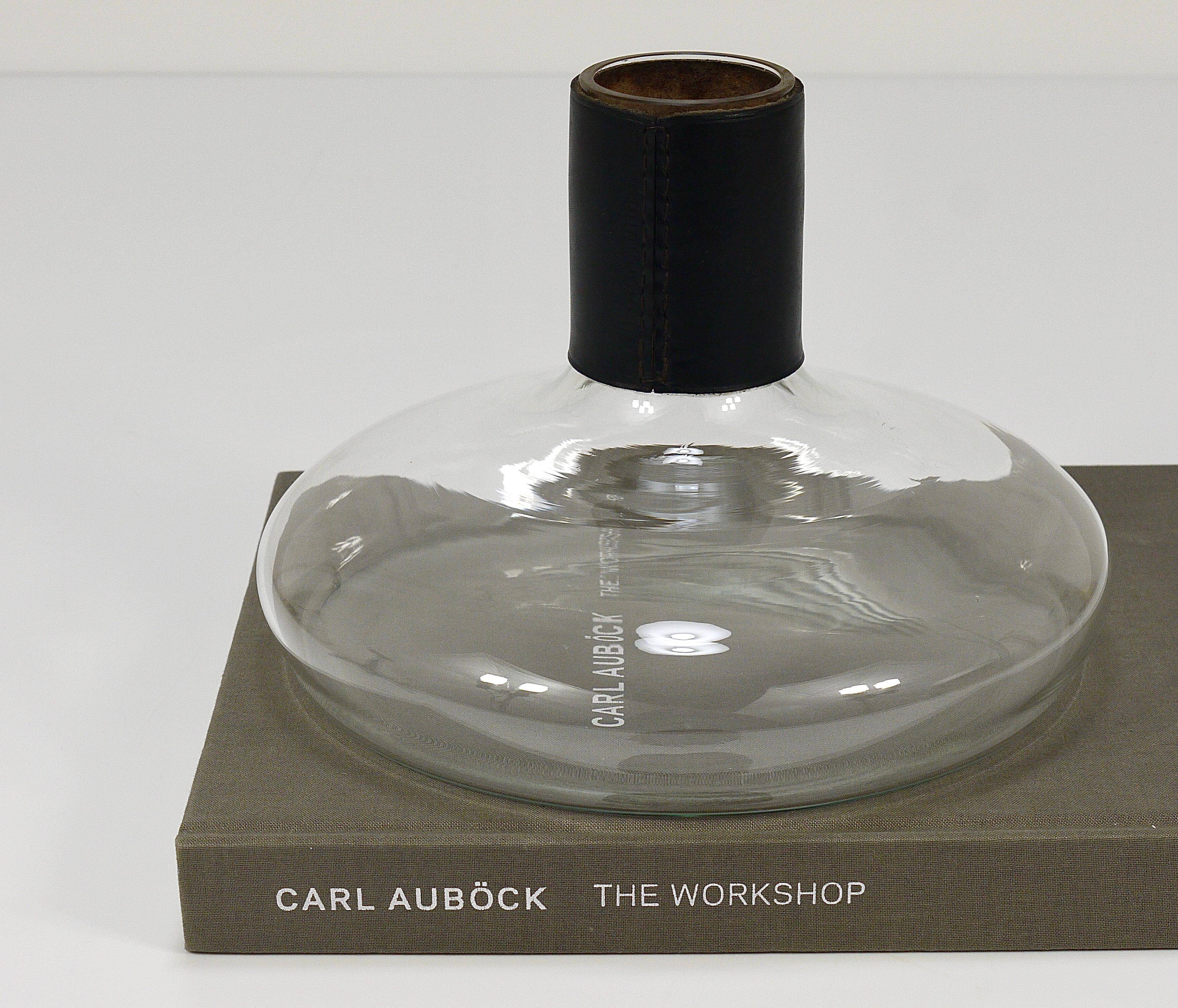 Vase Carafe Carl Aubock II with Black Leather Top, Midcentury, Austria, 1950s