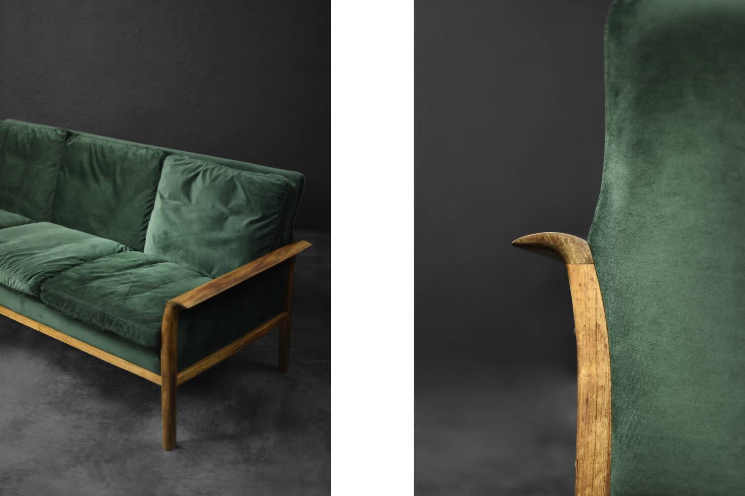 Vintage Mid-Century Modern Rosewood & Green Velour 3-Seater Sofa and Chair
