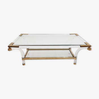 Square coffee table in brass, lucite and glass hollywood regency