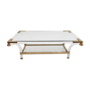 Table basse carrée en laiton, lucite et verre, Hollywood Regency