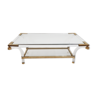 Table basse carrée en laiton, lucite et verre, Hollywood Regency