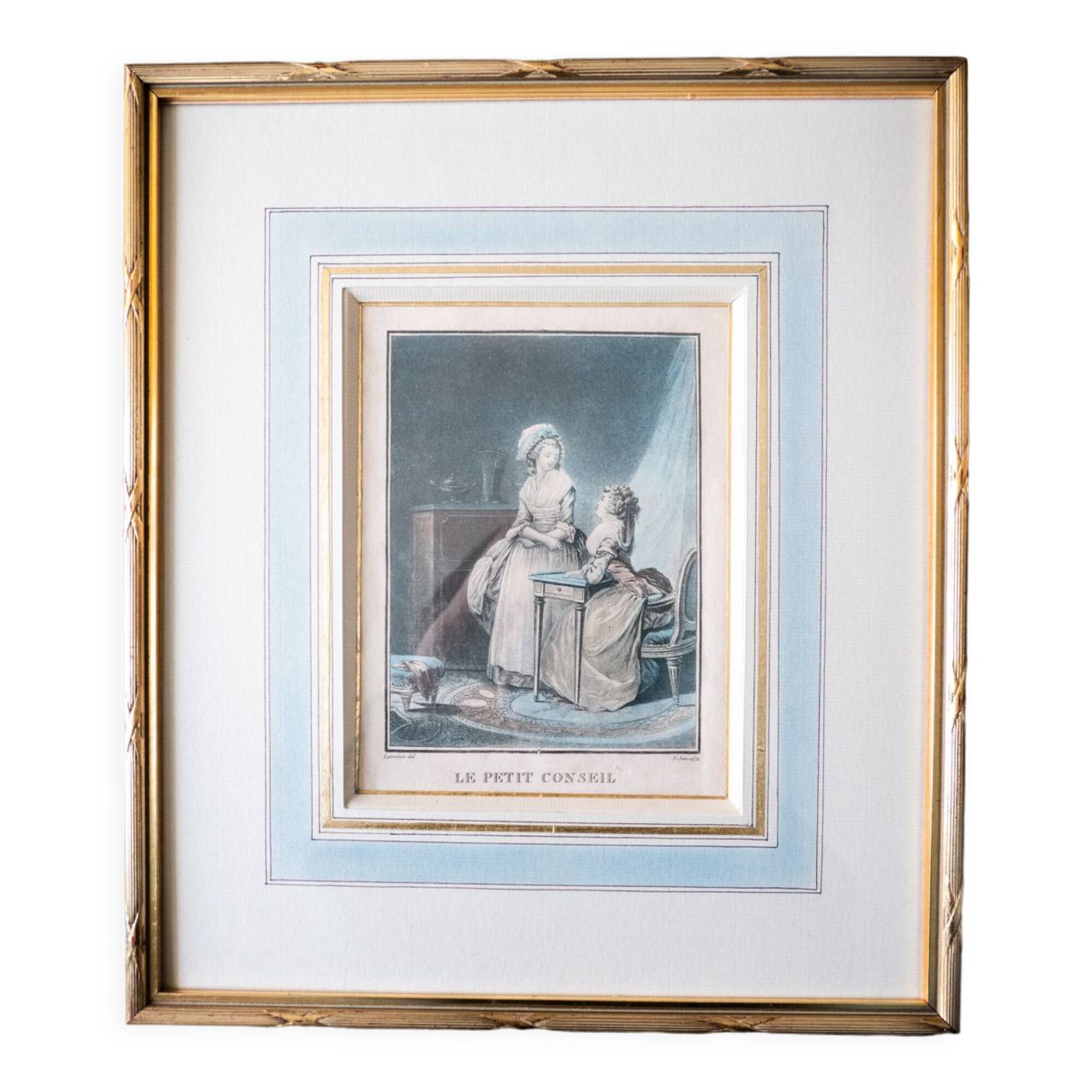 Gravure encadrée "Le petit conseil" par Janinet