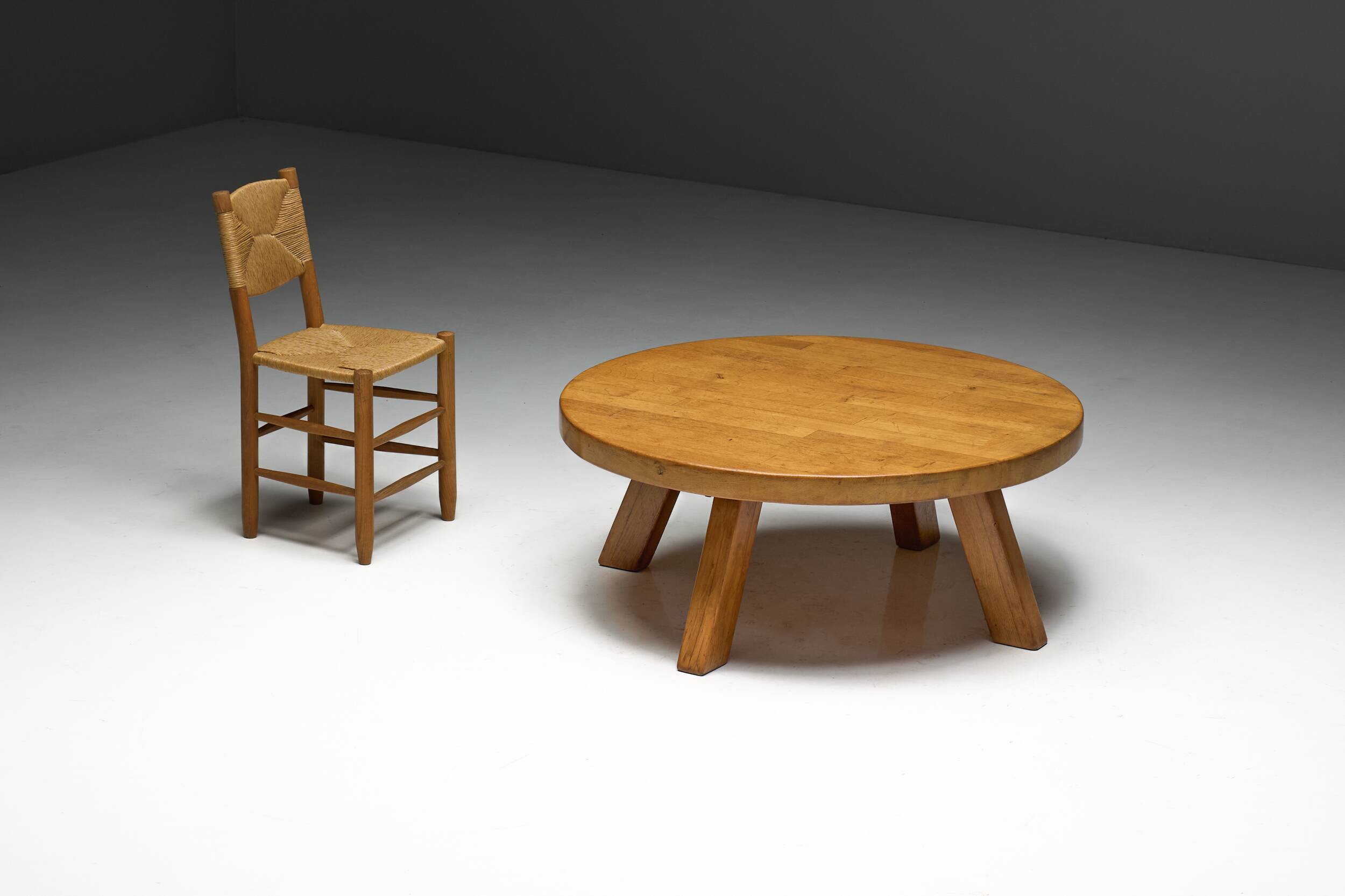 Brutalist Round Coffee Table in Solid Wood, France, 1960s