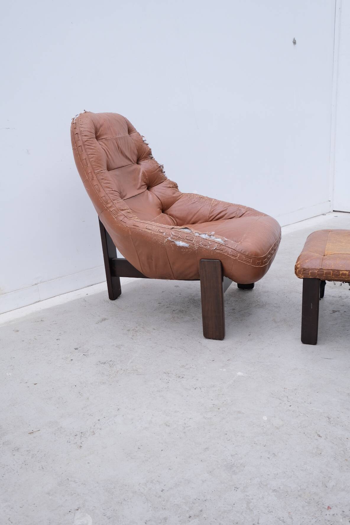 Armchair and ottoman by Jean Gillon for Probel in leather and teak, Brazil 1970