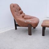 Armchair and ottoman by Jean Gillon for Probel in leather and teak, Brazil 1970