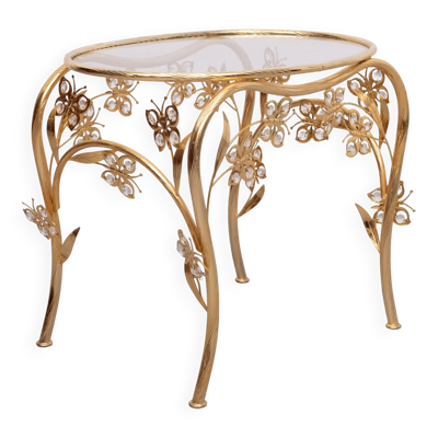 Table d'appoint ovale en laiton et cristal en forme de papillon, style Hollywood Regency des années 1980.