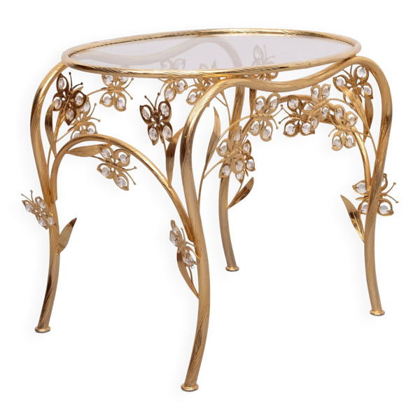 Table d'appoint ovale en laiton et cristal en forme de papillon, style Hollywood Regency des années 1980.