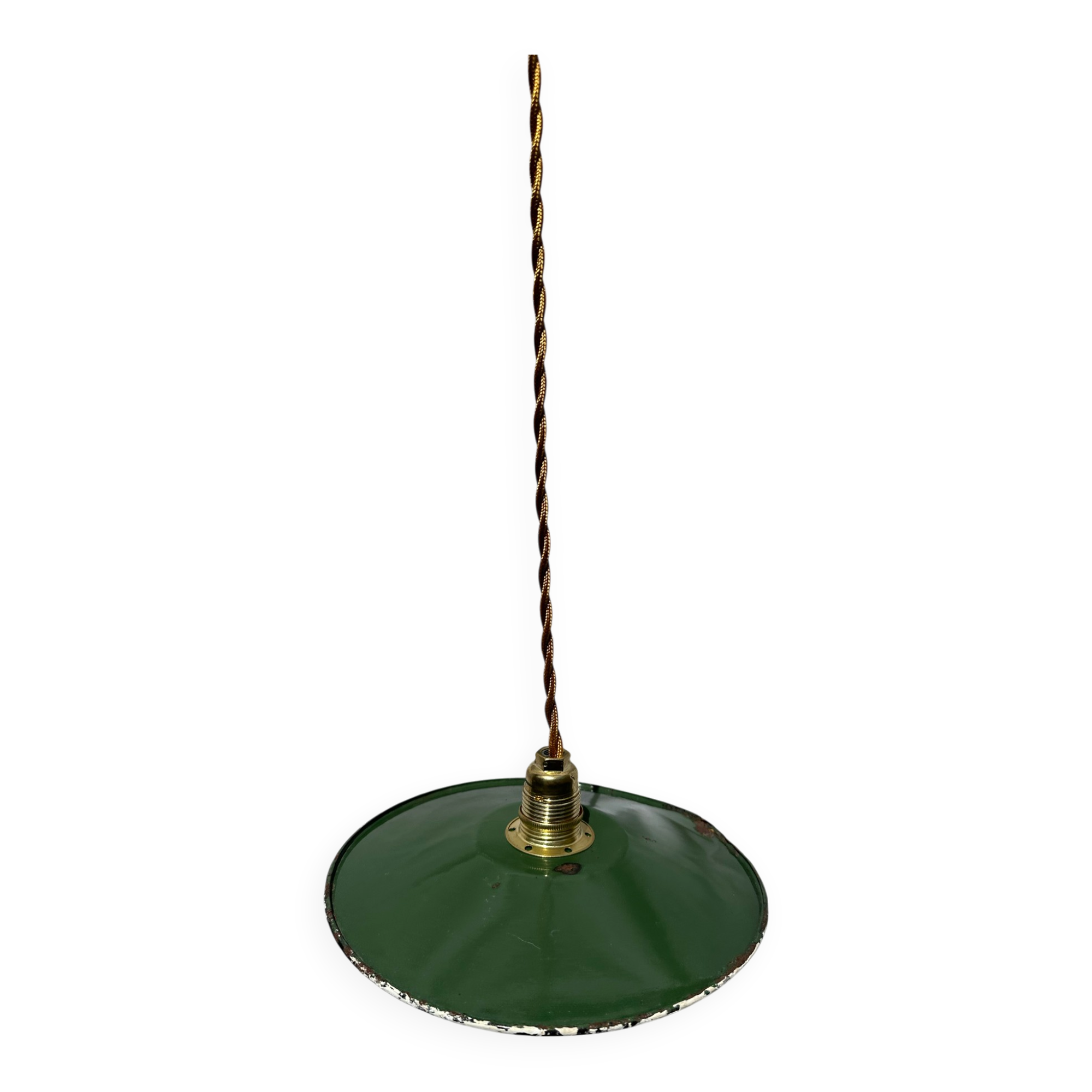 Suspension vintage indus tôle émaillée verte et blanche mini