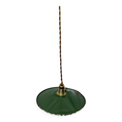 Suspension vintage indus tôle émaillée verte et blanche mini