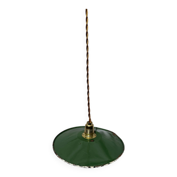 Suspension vintage indus tôle émaillée verte et blanche mini