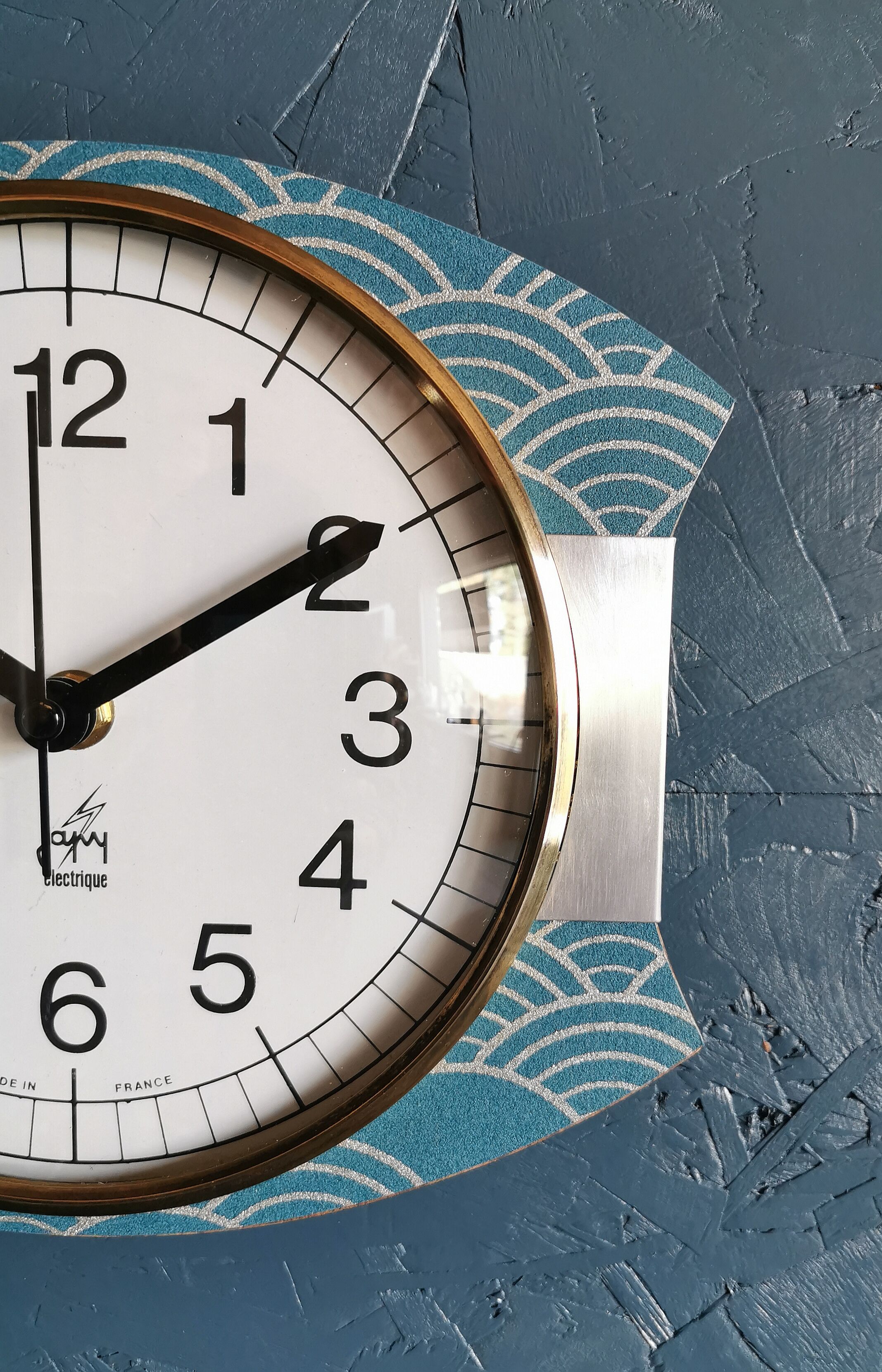 Vintage clock silent rectangular wall clock Japy blue silver