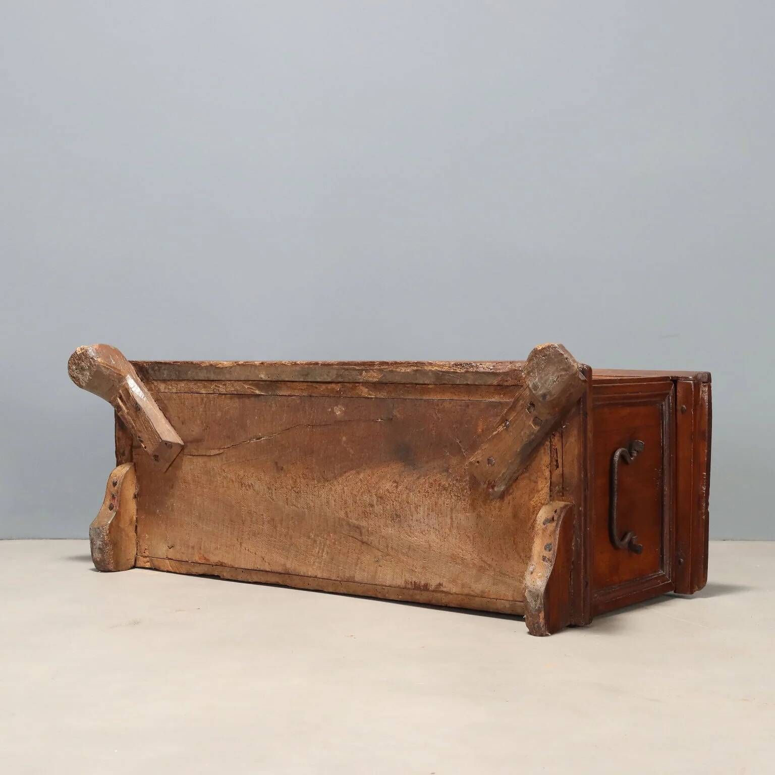 Antique walnut chest with wrought iron handles, Italy, 18th century.