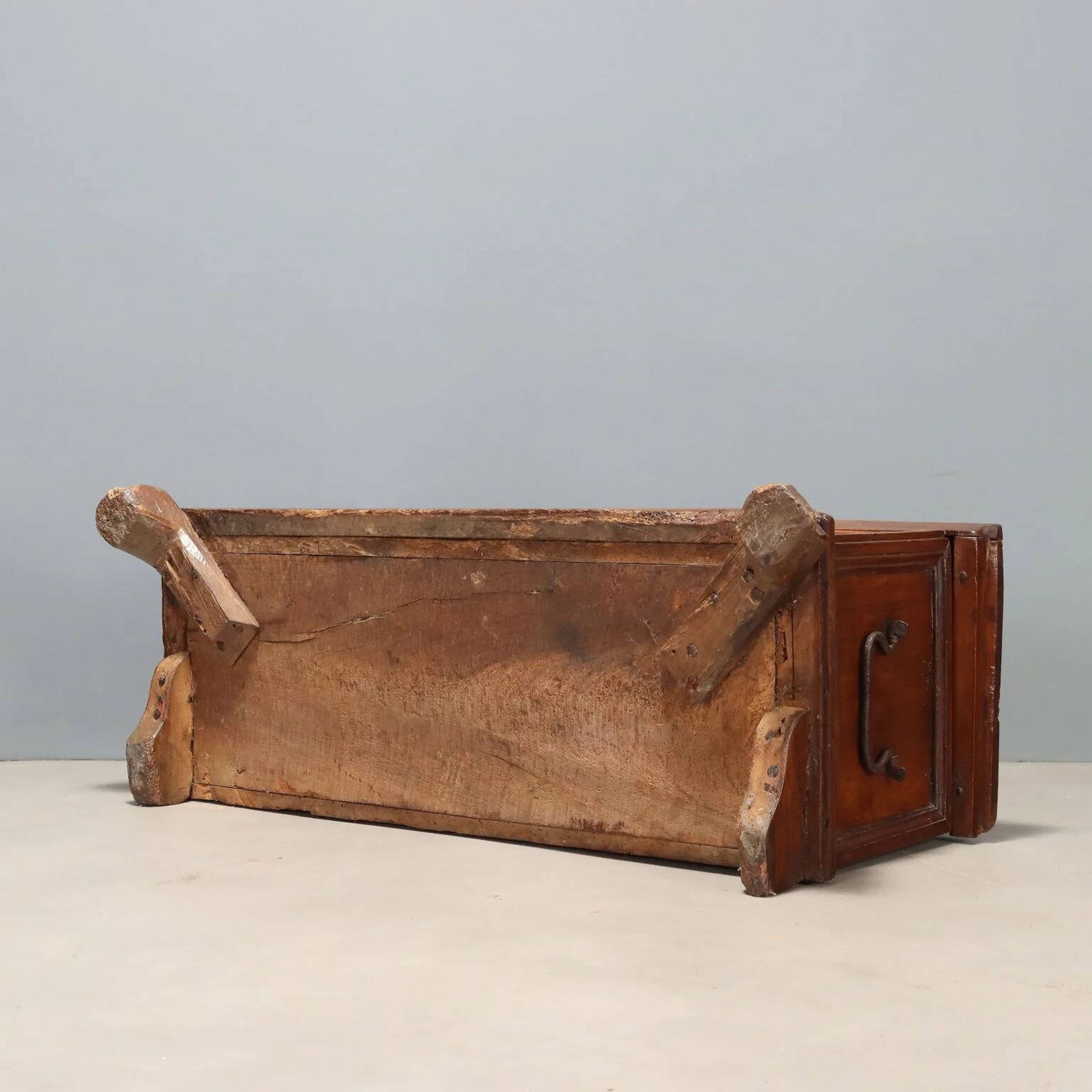 Antique walnut chest with wrought iron handles, Italy, 18th century.