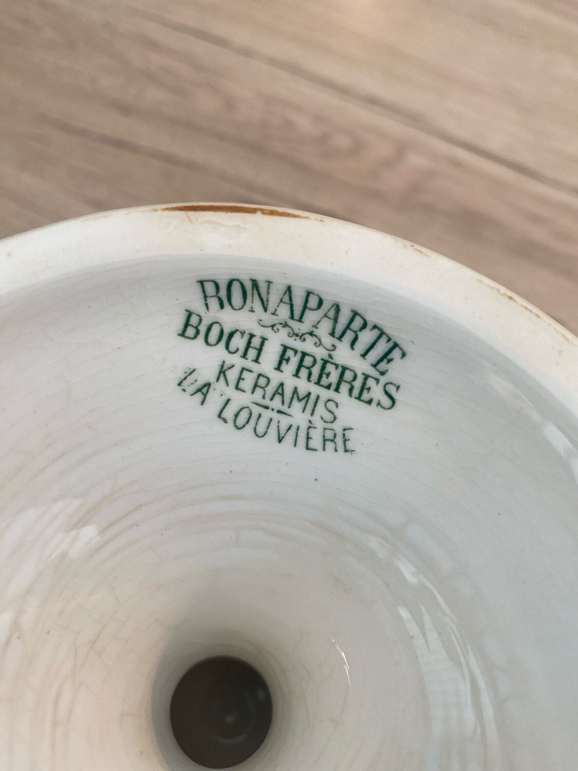 Compotier Belgian faience brand Boch brothers Keramis La Louvière model Bonaparte antique style green fruit cut