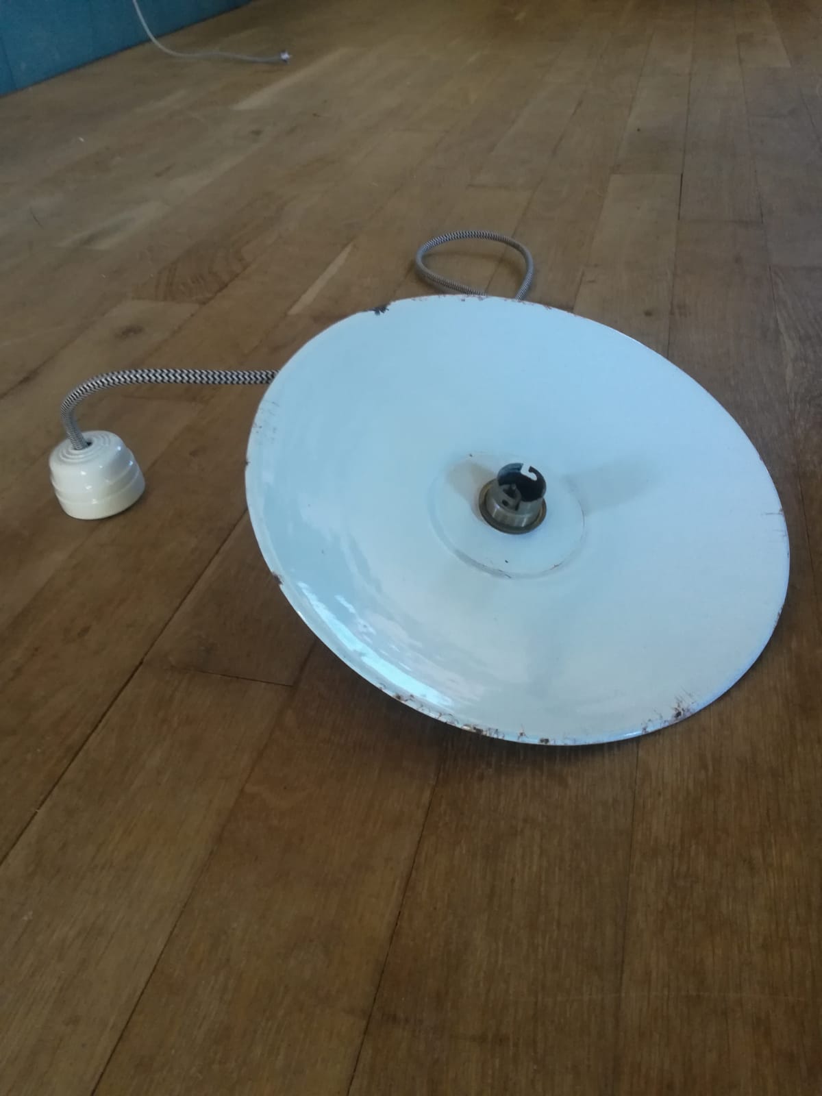 Industrial hanging enamelled sheet metal and porcelain rosettes