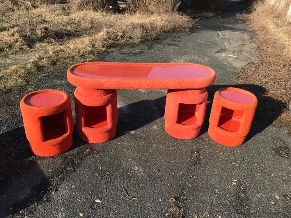 Vintage coral fabric dressing table set, 6 pieces (table, mirror, ottoman, bedside table)