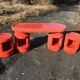Vintage coral fabric dressing table set, 6 pieces (table, mirror, ottoman, bedside table)